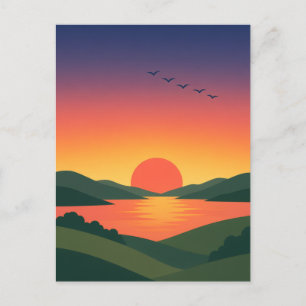 Sunrise Over Rolling Hills Lake Landscape Postcard