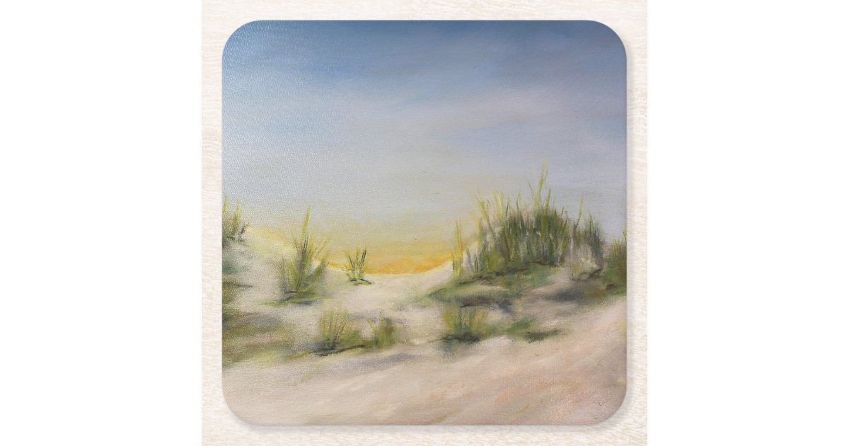 Sunrise Over Sand Dunes Original Oil Painting Square Paper Coaster