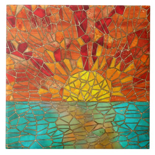 Sunrise over sea mosaic art ceramic tile