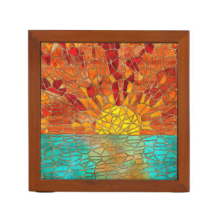 Sunrise over sea mosaic art desk organizer