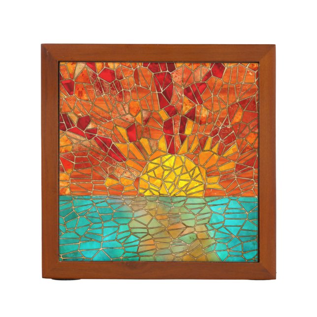Sunrise over sea mosaic art desk organizer (Front)