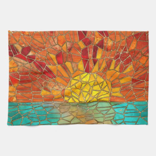 Sunrise over sea mosaic art kitchen towel