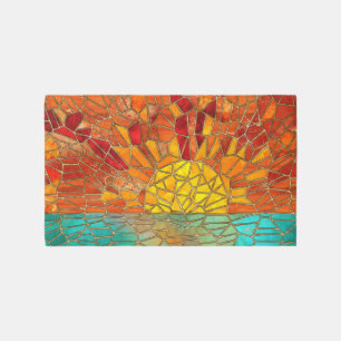 Sunrise over sea mosaic art outdoor rug