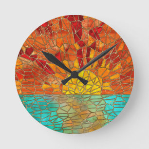 Sunrise over sea mosaic art round clock