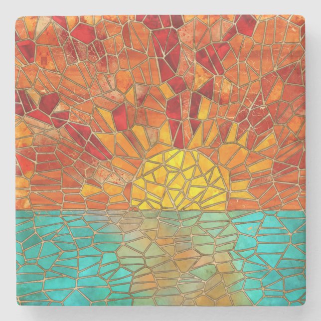 Sunrise over sea mosaic art stone coaster (Front)