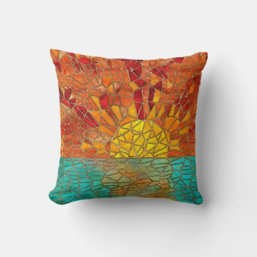 Sunrise over sea mosaic art throw pillow
