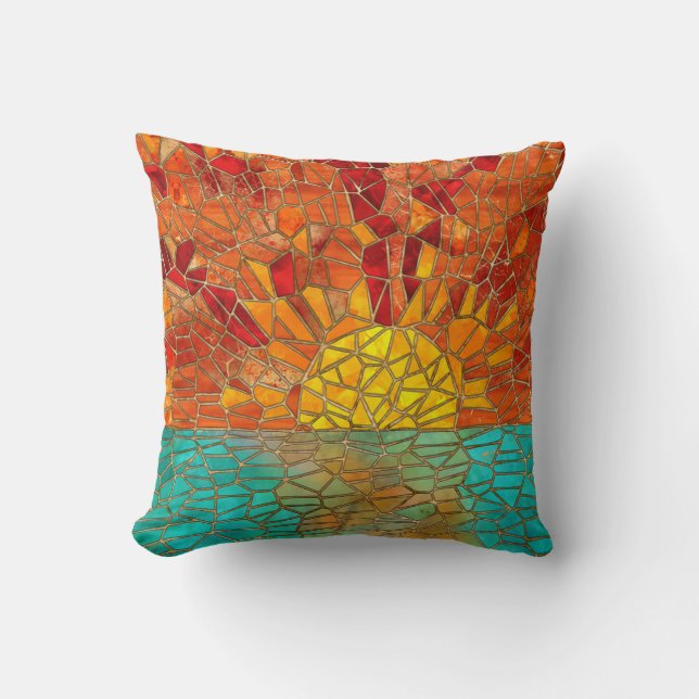 Sunrise over sea mosaic art throw pillow (Front)