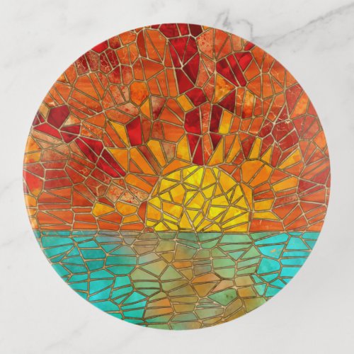 Sunrise over sea mosaic art trinket tray