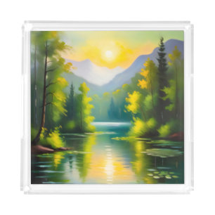 Sunrise over snow covered mountains and lake acrylic tray