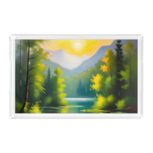 Sunrise over snow covered mountains and lake acrylic tray