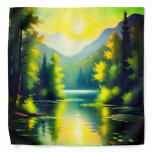 Sunrise over snow covered mountains and lake bandana