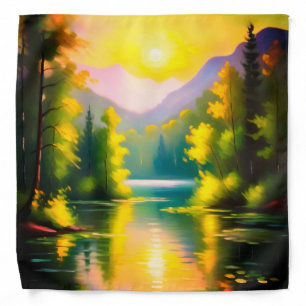 Sunrise over snow covered mountains and lake bandana