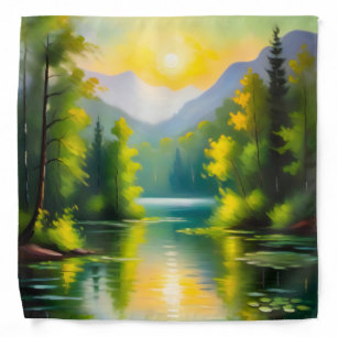 Sunrise over snow covered mountains and lake bandana