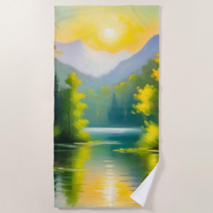Sunrise over snow covered mountains and lake beach towel