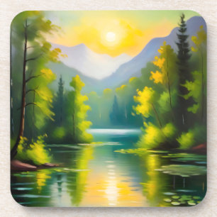 Sunrise over snow covered mountains and lake beverage coaster