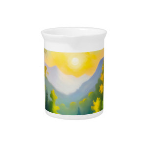 Sunrise over snow covered mountains and lake beverage pitcher