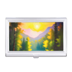 Sunrise over snow covered mountains and lake business card case