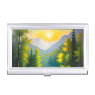 Sunrise over snow covered mountains and lake business card case