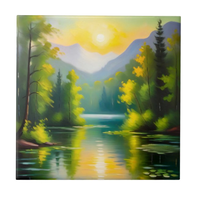 Sunrise over snow covered mountains and lake ceramic tile (Front)