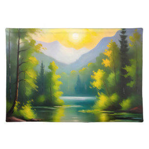 Sunrise over snow covered mountains and lake cloth placemat