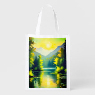 Sunrise over snow covered mountains and lake grocery bag