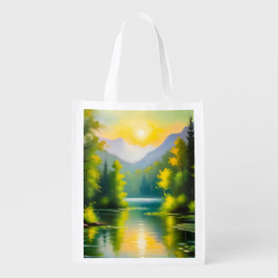 Sunrise over snow covered mountains and lake grocery bag