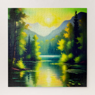 Sunrise over snow covered mountains and lake jigsaw puzzle