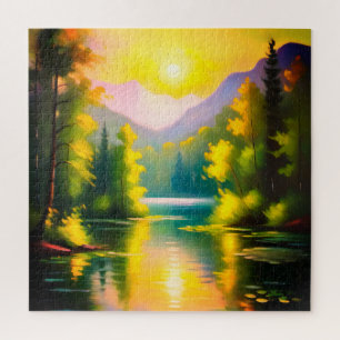 Sunrise over snow covered mountains and lake jigsaw puzzle