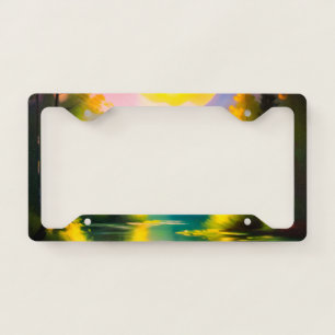 Sunrise over snow covered mountains and lake license plate frame