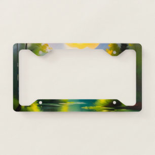 Sunrise over snow covered mountains and lake license plate frame