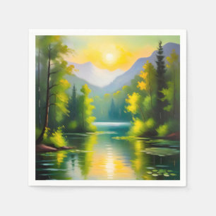 Sunrise over snow covered mountains and lake napkins