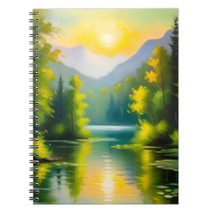 Sunrise over snow covered mountains and lake notebook