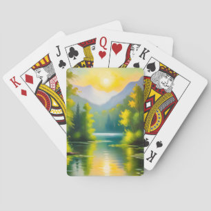 Sunrise over snow covered mountains and lake poker cards