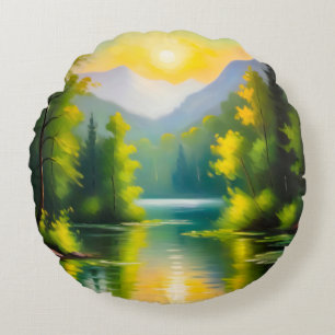 Sunrise over snow covered mountains and lake round pillow
