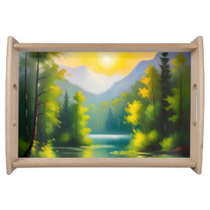 Sunrise over snow covered mountains and lake serving tray