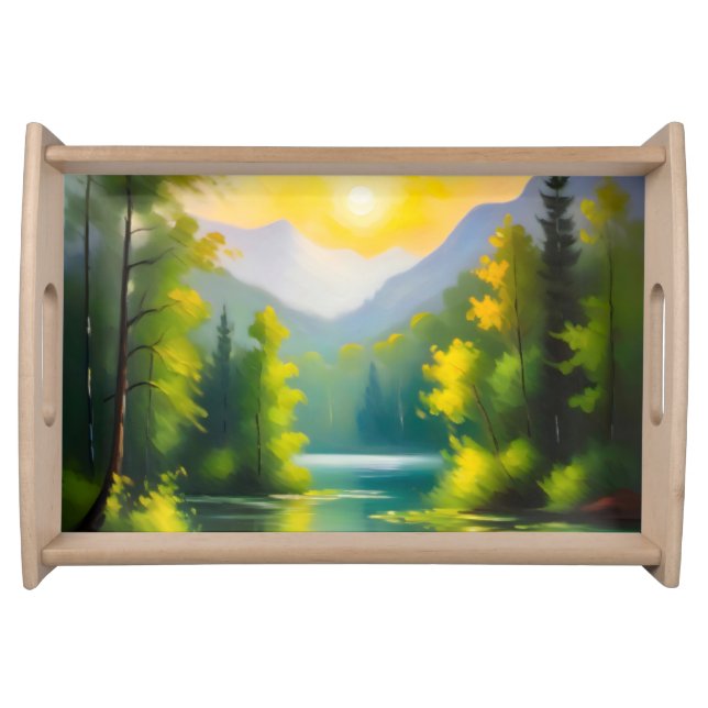 Sunrise over snow covered mountains and lake serving tray (Front)