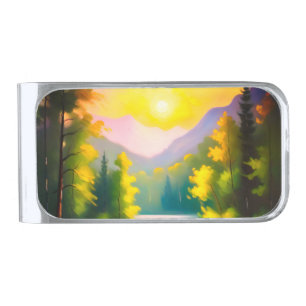 Sunrise over snow covered mountains and lake silver finish money clip