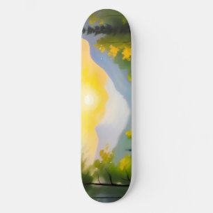 Sunrise over snow covered mountains and lake skateboard