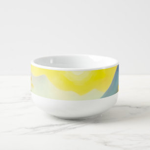 Sunrise over snow covered mountains and lake soup mug