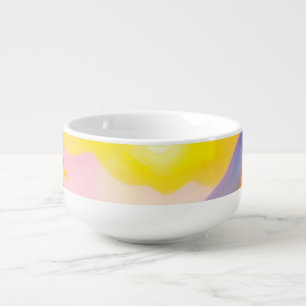 Sunrise over snow covered mountains and lake soup mug