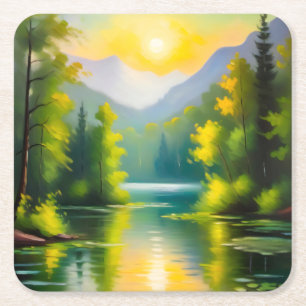 Sunrise over snow covered mountains and lake square paper coaster