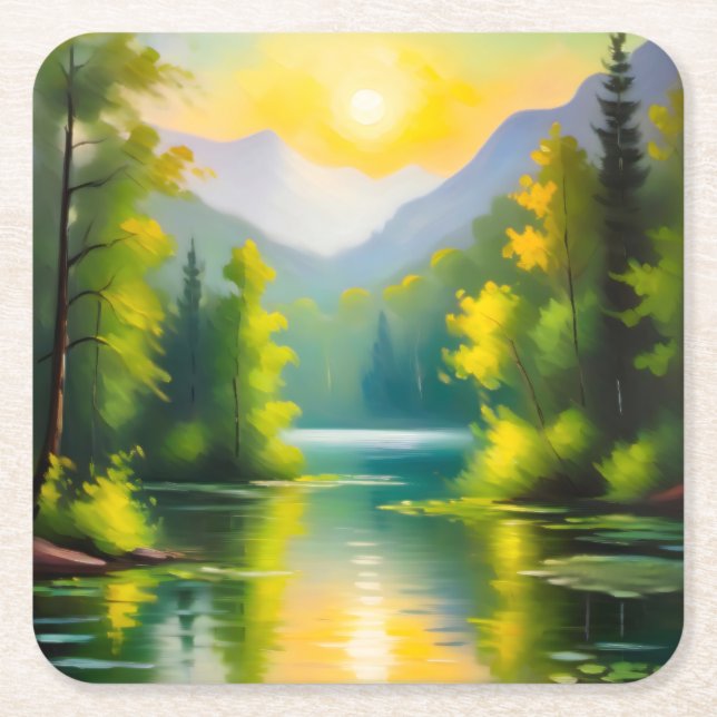 Sunrise over snow covered mountains and lake square paper coaster (Front)