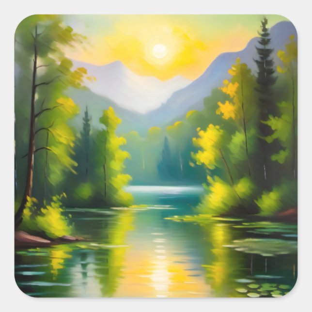 Sunrise over snow covered mountains and lake square sticker (Front)