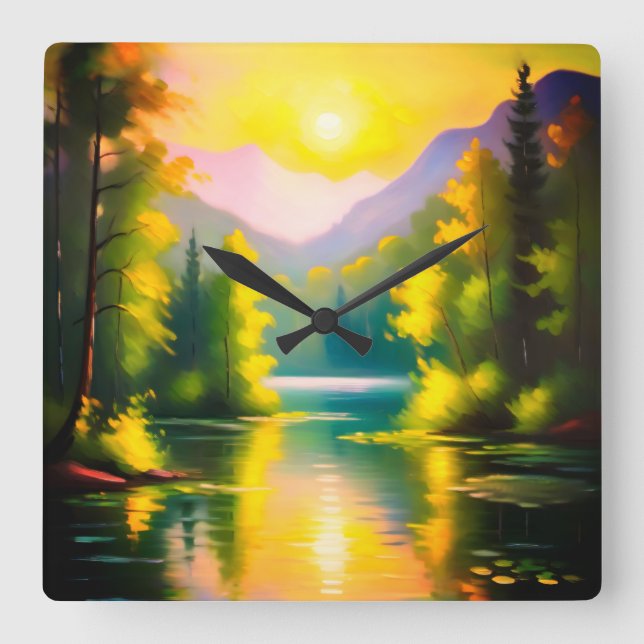 Sunrise over snow covered mountains and lake square wall clock (Front)