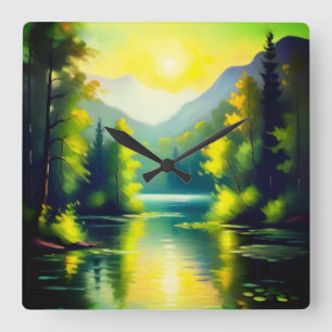 Sunrise over snow covered mountains and lake square wall clock