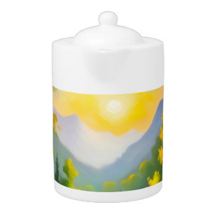 Sunrise over snow covered mountains and lake teapot