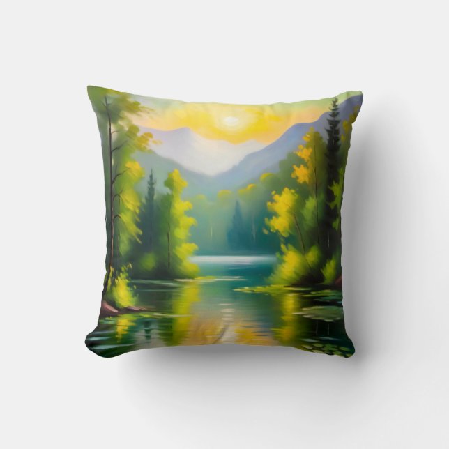Sunrise over snow covered mountains and lake throw pillow (Front)