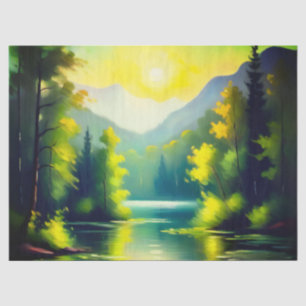 Sunrise over snow covered mountains and lake tissue paper