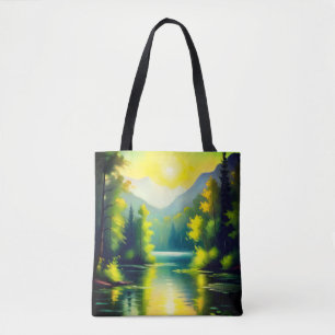Sunrise over snow covered mountains and lake tote bag