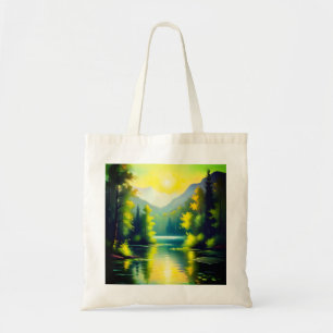 Sunrise over snow covered mountains and lake tote bag